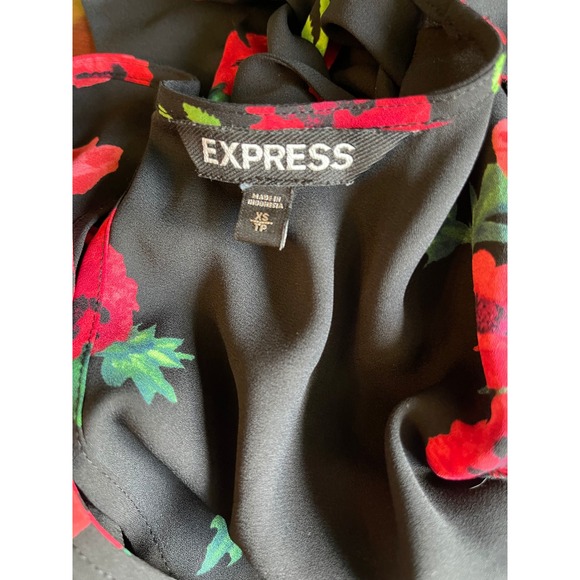 Express Floral Blouse Tie Front Flutter Sleeve Keyhole Black Red XS‎ - Picture 3 of 3
